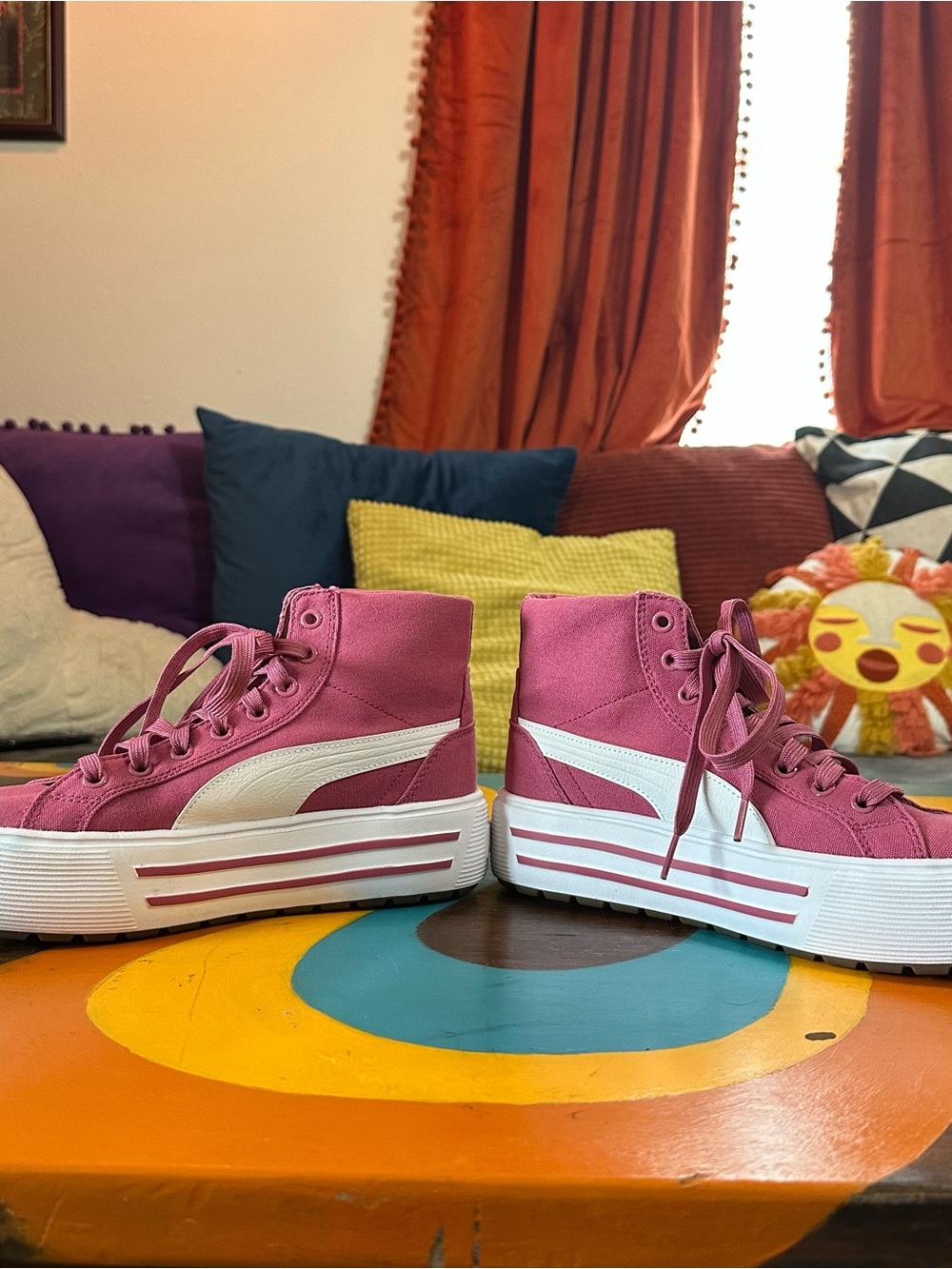 Puma Women’s Hot Pink High-Top Platform Sneakers with White Side Stripe - Picture 5 of 7